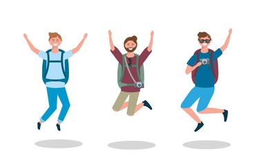 Fototapeta na wymiar set of happy men jumping with backpack and camera