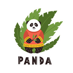 Panda in a red sweater on a background of tropical leaves. Vector illustration in Scandinavian style