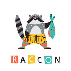 Cute cartoon raccoon with fish. Vector illustration in Scandinavian style