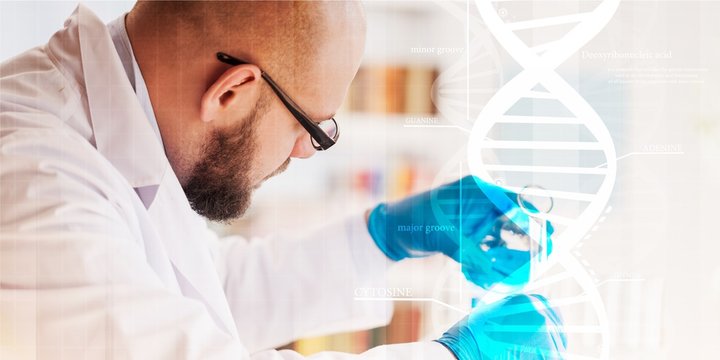 Man researcher carrying out scientific research lab pharma biomedic chemical genetic biotechnology