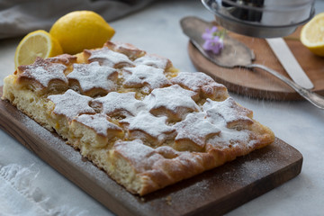 Piece of lemon pie for a breakfast. Piece of lemon pie for a breakfast on a light background