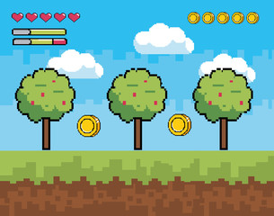 pixelated videogame scene with trees and coins bar
