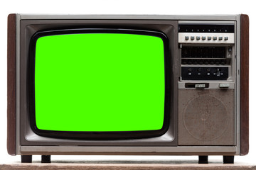 Vintage TV : old retro TV with green screen isolated on white