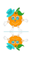 The orange fruit cartoon has a life showing different facial expressions as reflections.