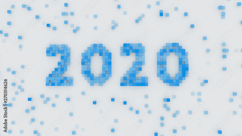 Poster blue text 2020 in pixel art 3d rendering
