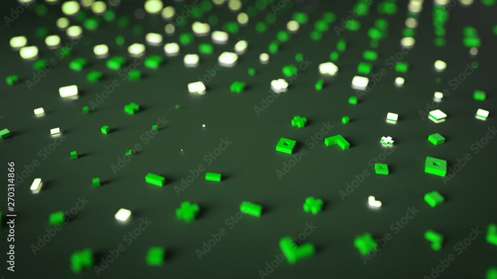 Poster abstract random green symbols 3d rendering
