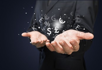 Businessman and internet and virtual reality concept - businessman pressing button on virtual screens