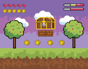 Naklejka premium videogame scene with pixelated coffer with trees and coins