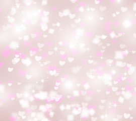 Light gray bokeh background with hearts, for Valentine's day, glitter