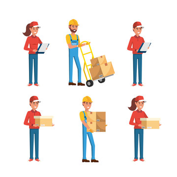 set of delivery men and women with boxes distribution service