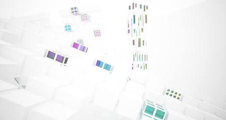 Fototapeta premium Abstract white and colored gradient glasses interior multilevel public space with window. 3D illustration and rendering.