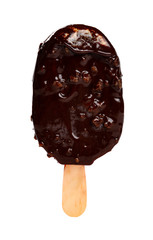 chocolate outer popsicle starts melting on a white background
