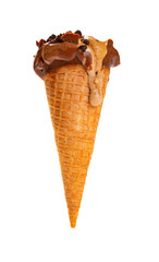 coffee flavor ice cream cone with chocolate melting on white background with clipping path