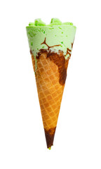 fresh green color ice cream cone on white background with clipping path