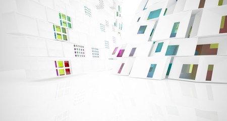 Abstract white and colored gradient glasses interior multilevel public space with window. 3D illustration and rendering.