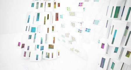 Abstract white and colored gradient glasses interior multilevel public space with window. 3D illustration and rendering.