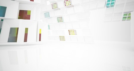 Abstract white and colored gradient glasses interior multilevel public space with window. 3D illustration and rendering.