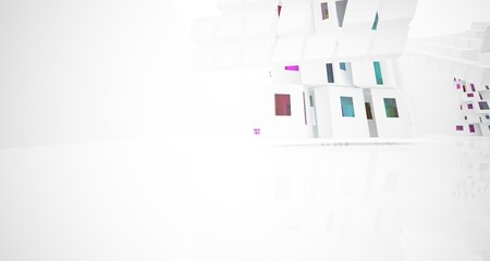 Abstract white and colored gradient glasses interior multilevel public space with window. 3D illustration and rendering.