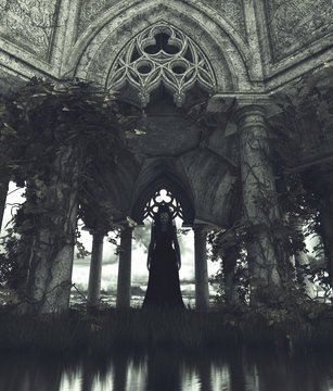 Ghost woman standing in gothic carved stone building,3d rendering