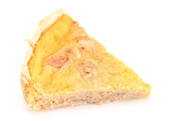 A Slice of Classic Quiche Lorraine Isolated on a White Background