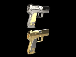 Golden and silver shiny modern hand guns - rear view
