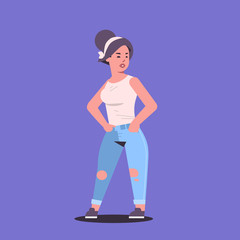 young woman in casual clothes standing pose smiling female cartoon character girl posing on violet background flat full length