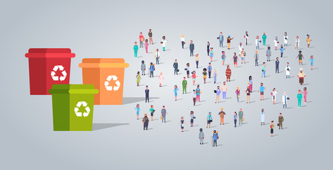 people group near colorful containers for garbage recycle bins different occupation employees mix race workers crowd waste management concept horizontal full length flat