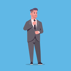 businessman in formal wear standing pose smiling male cartoon character business man office worker posing on blue background flat full length
