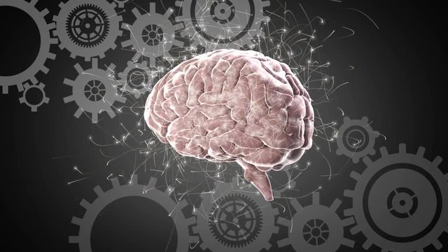 Digital composite of a human brain and industrial gears
