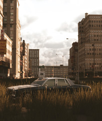 An old car parked on the road that filled with grass field in abandoned city,3d rendering - 270317645