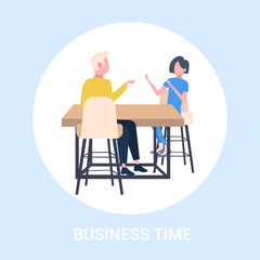 businesspeople couple sitting at workplace desk brainstorming man woman discussing new project during meeting business time concept flat full length