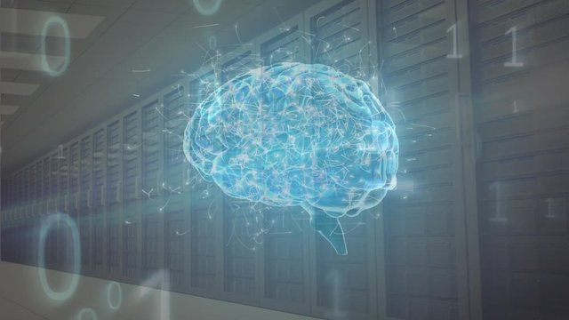 Digital composite of the human brain and binary codes inside a server room