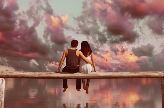 Couple sitting on wooden fence with colorful sky background,3d rendering