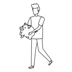 young man lifting piggy savings character