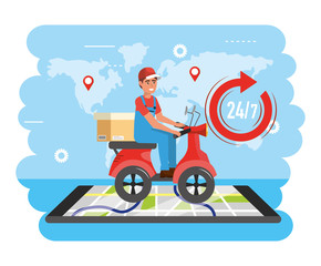 delivery man service with box and smartphone map location