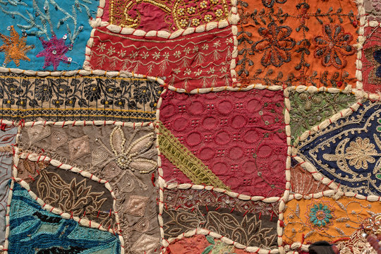 Detail old patchwork carpet. Close up, India