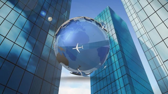 Digital composite of a world and skyscrapers