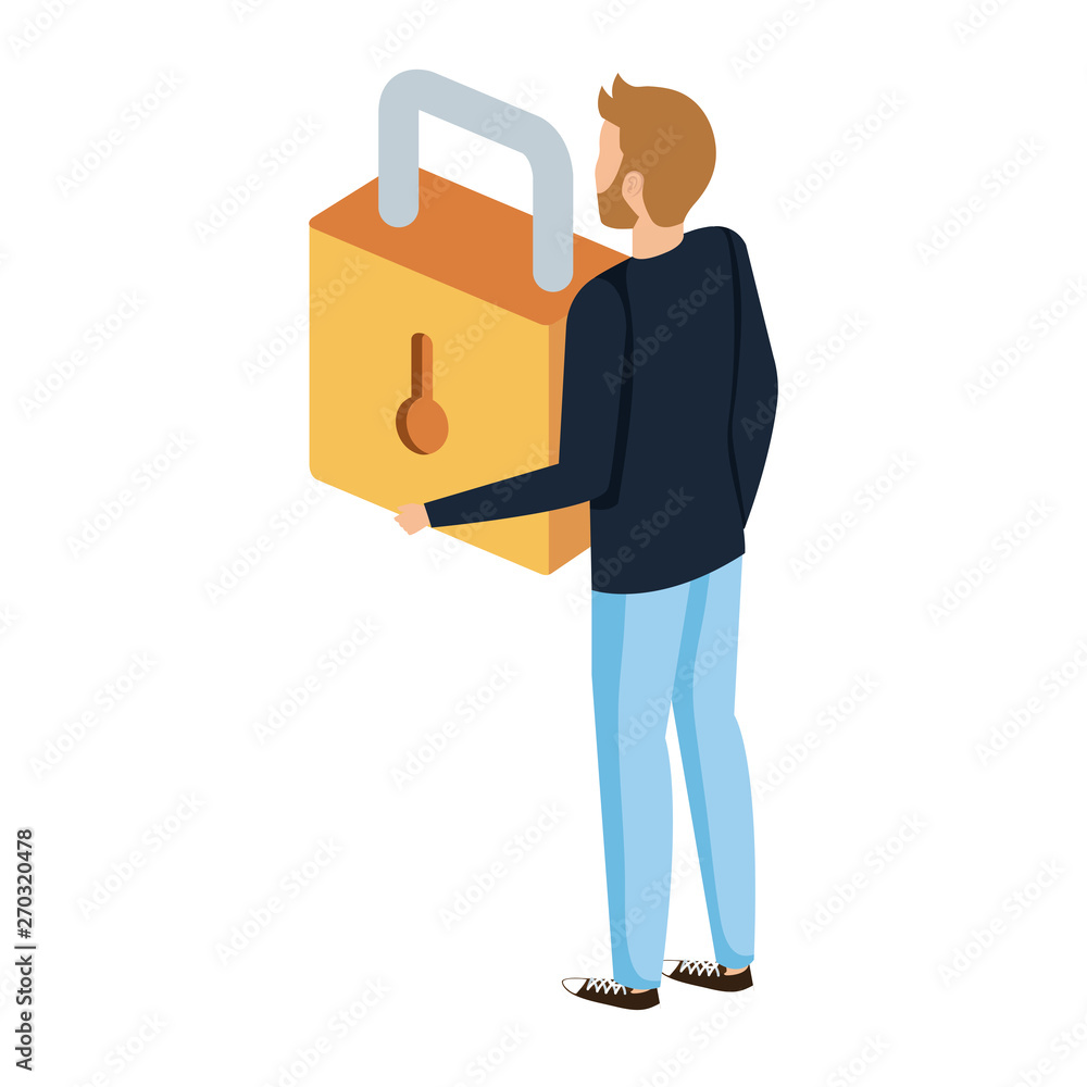 Poster man lifting safe secure padlock