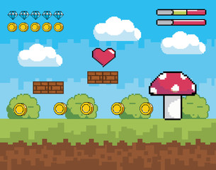 videogame scene with pixelated fungus with bushes and life bars © Stockgiu