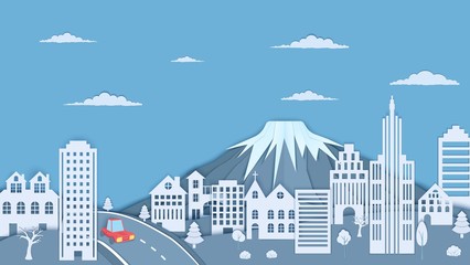 Cityscape in paper cut style. Mountain, forest landscape, skyscraper and 3d red car paper craft for concept design. Vector card illustration.
