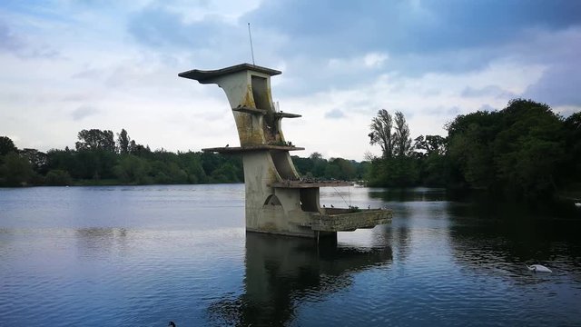 Footage of the lake and abandoned diving board in Coate Water, Swindon