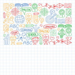 Vector set of english language, children's drawingicons icons in doodle style. Painted, colorful, pictures on a sheet of checkered paper on a white background.