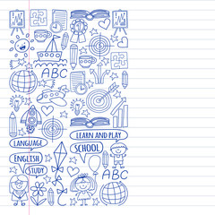 Vector set of earning English language, children's drawingicons icons in doodle style. Painted, black monochrome, pictures on a piece of paper on white background.