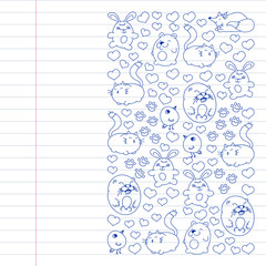 Vector set of beautiful round icons in the form of wild animals for children and design, print, cat ,bear, fox, bird ,hare or rabbit. Round animals with caption on white background with line, blue pen