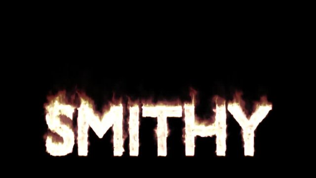 Animated burning or engulf in flames all caps text Smithy. Isolated and against black background, mask included.