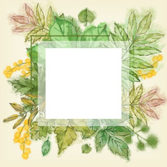 Green Leaf Vignette with Square Copy Space. Botanical Illustration for Print, Background, Advertisement, Card, Invitation, Banner, Announcement, etc.