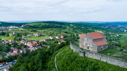Fototapeta na wymiar Aerial drone shoot of old fortified citadel church in Sibiu 