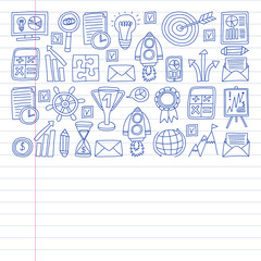 Vector set of bussines icons in doodle style. painted by penon a piece of paper in line.