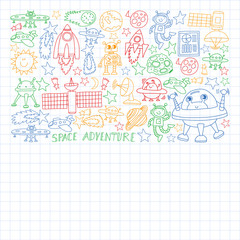 Vector set of space elements icons in doodle style. Painted, colorful, pictures on a sheet of checkered paper on a white background.