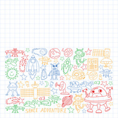 Vector set of space elements icons in doodle style. Painted, colorful, pictures on a sheet of checkered paper on a white background.